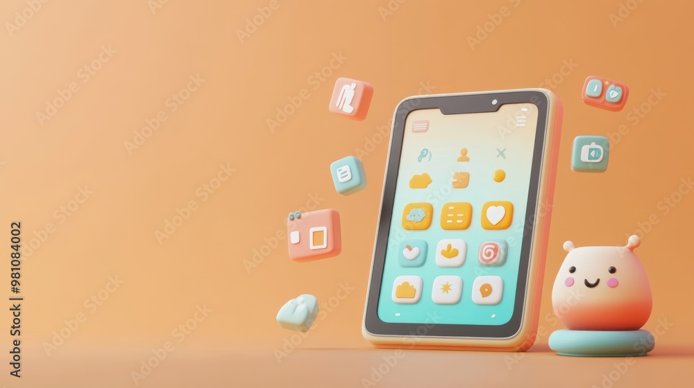 Poster a playful digital tablet with colorful app icons and a cute character on a soft background.