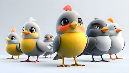 Fototapeta premium Cute cartoon birds with various colors and patterns, including a yellow-breasted bird