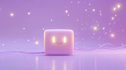 A cute, glowing cube with a smiling face against a soft purple background.