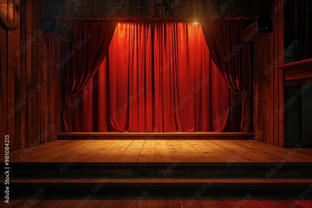 Poster retro 1970s empty tiny stage lighting architecture illuminated.