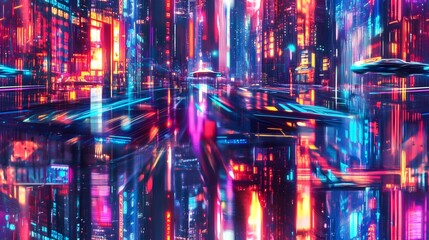 Obraz premium Retro Inspired Holographic Cityscape with Glimmering Neon Lights and Futuristic Vehicles