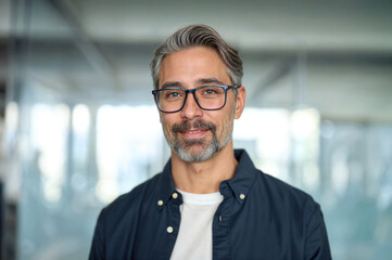 Happy middle aged professional business man, smiling mature executive ceo manager, 45 years old male entrepreneur, confident business owner wearing glasses in office. Headshot portrait.