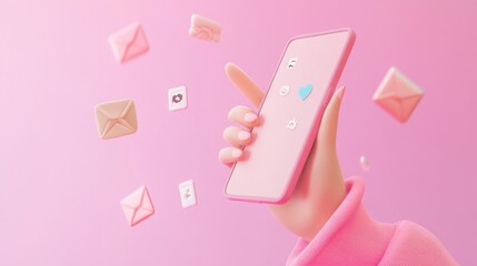 A hand holding a pink smartphone with floating icons on a pink background.