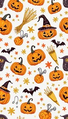 Fototapeta premium Festive Halloween pattern featuring cheerful pumpkins, bats, and whimsical elements, perfect for seasonal decor, crafts, and marketing materials.