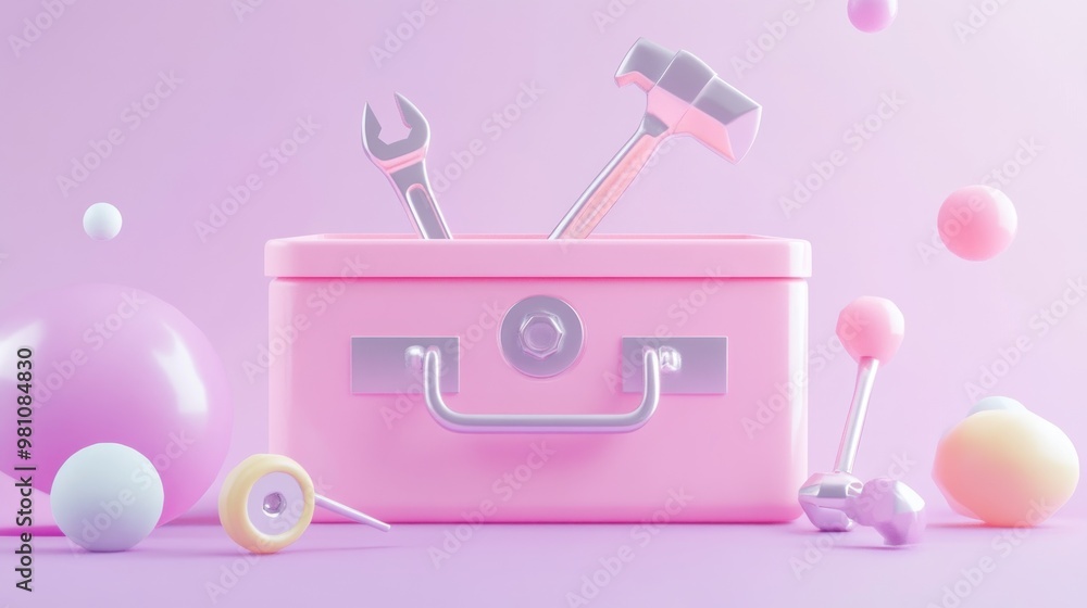 Aufkleber a pink toolbox with tools and colorful spheres on a soft gradient background.