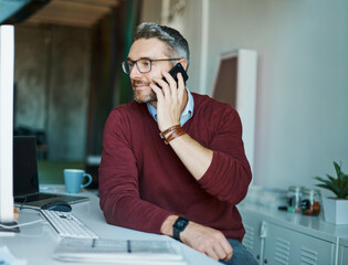Man, phone call and talking to client at desk, office discussion and feedback for project...
