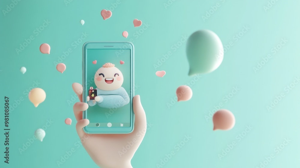 Poster a hand holding a phone displaying a cheerful character with playful speech bubbles.
