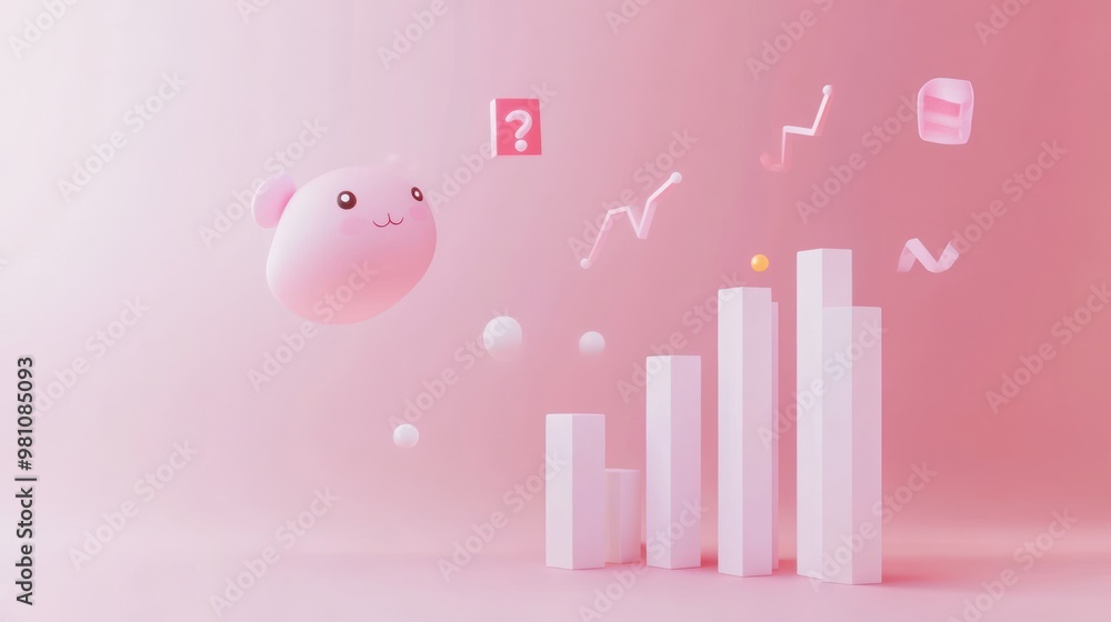 Poster a whimsical 3d scene featuring a cute character and abstract graphs in a soft pink setting.