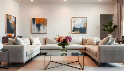 Modern living room with a neutral-colored sofa, a glass coffee table with a vase of fresh flowers, and abstract art on the walls.
