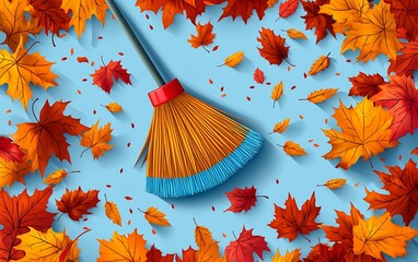 Vibrant Illustration of a Colorful Broom Sweeping Autumn Leaves, Blending Nature and Cleaning