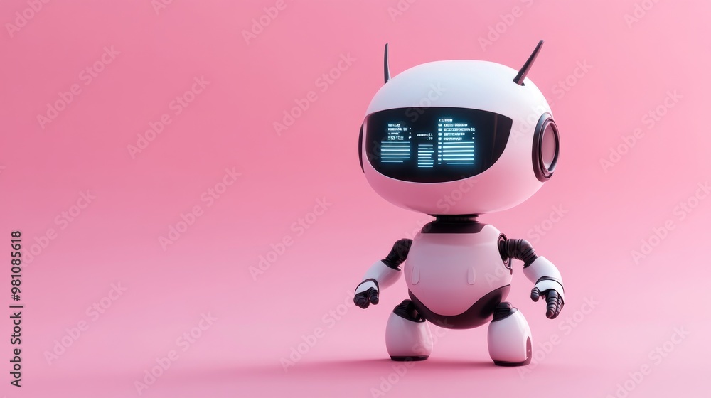Poster a cute robot character with a digital display on a pink background.