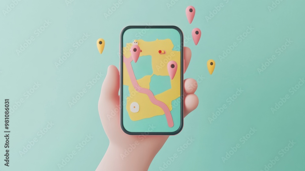 Poster a hand holding a smartphone displaying a colorful map with location markers.