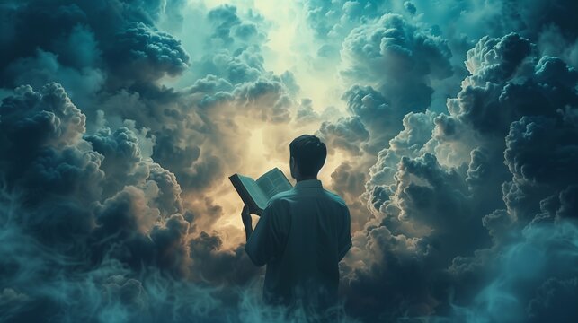 An individual stands enveloped in ethereal clouds, deeply engaged in reading a book, representing a moment of spiritual exploration and enlightenment
