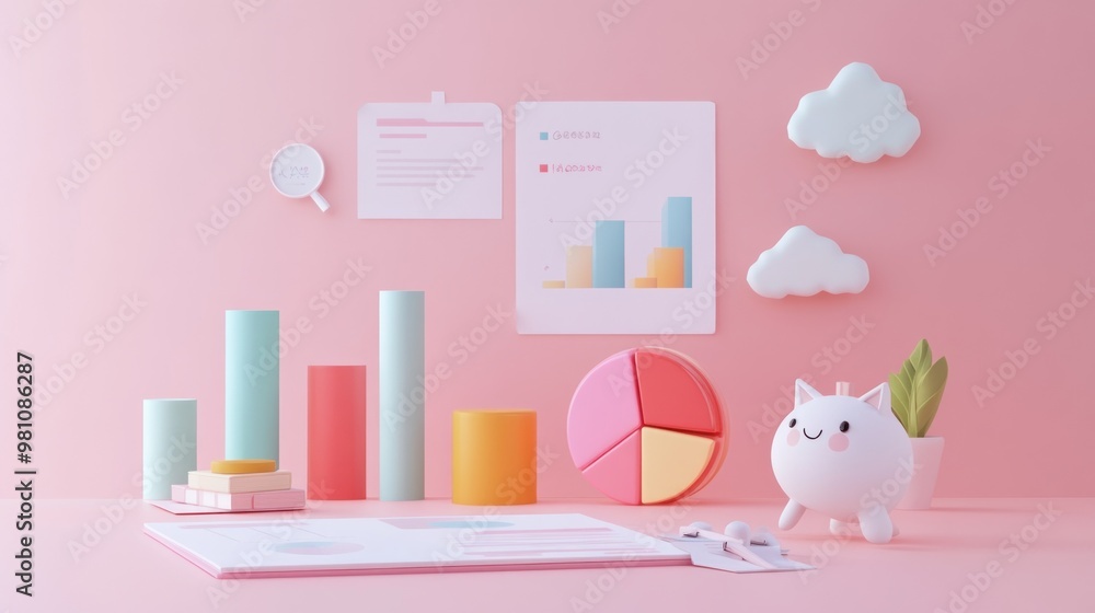 Aufkleber a colorful workspace with graphs, charts, and playful elements for productivity.