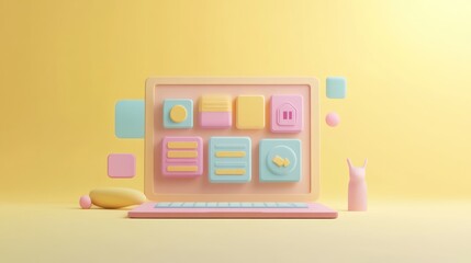 Fototapeta premium A colorful, playful 3D illustration of a laptop with various interface elements.