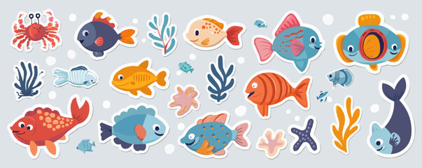 Adorable undersea stickers set with fish, crabs, and seaweed, ideal for ocean-themed projects and aquariums, flat stickers set, vector illustration.