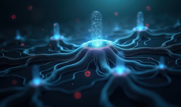 Abstract digital illustration of interconnected neural networks, highlighting data flow and communication in AI and technology.