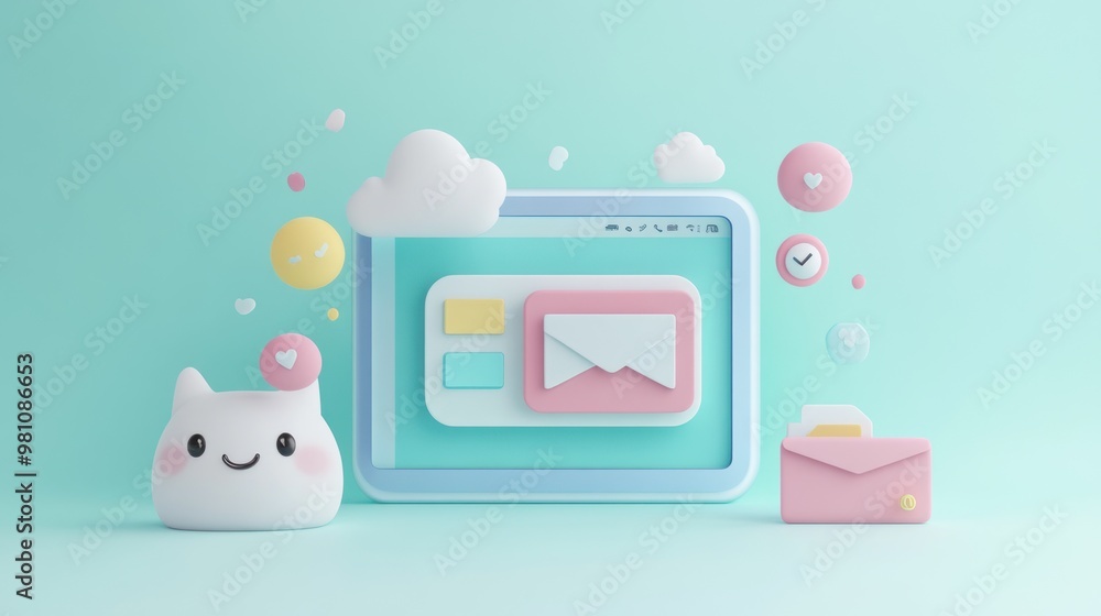 Poster a playful digital interface with a smiling cat and email elements in pastel colors.