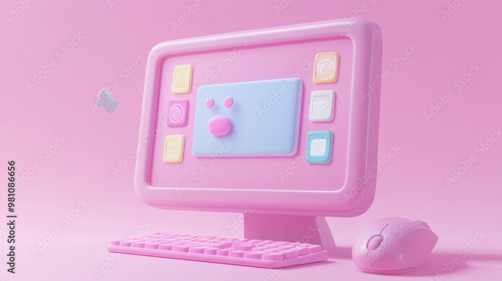 Aufkleber a cute pastel computer setup with a playful design, featuring a mouse and keyboard.