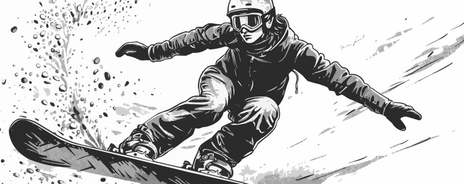 Fun pin-up snowboarder in a vintage outfit, performing a trick, flat, vector illustration, pin-up style.