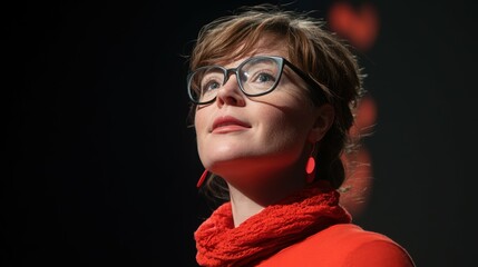 Widescreen portrait of a person with a hearing impairment passionately delivering a TED Talk, their captivating presence and valuable insights commanding the audience's attention