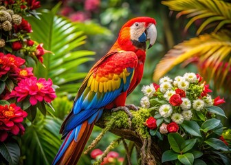 Obraz premium Vibrant macaw perches on a lush branch, surrounded by exotic flowers and leaves, in the heart of Brazil's
