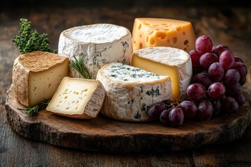 artful still life composition celebrating national cheese day featuring a variety of gourmet cheeses rustic wooden board grapes and warm ambient lighting with copy space