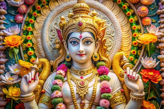Vibrant marble idol of the serene Hindu deity with a serpent around the neck, surrounded by intricate carvings,