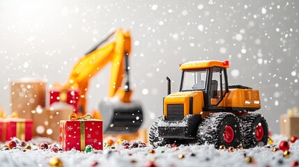 Christmas presents carried by excavator toy on white