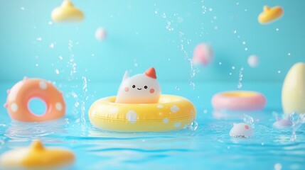 A playful scene featuring cute floating toys in a pool, creating a cheerful atmosphere.