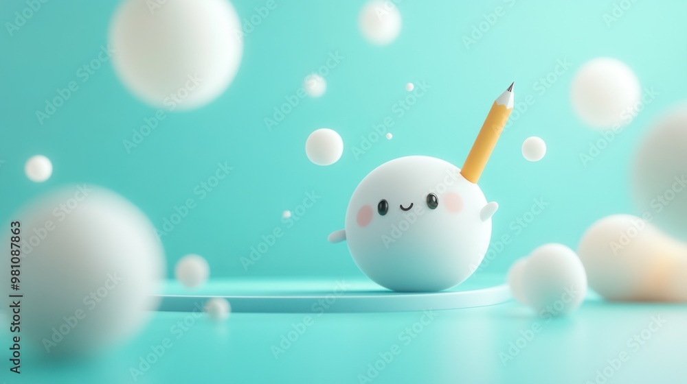 Poster a cute, smiling character with a pencil surrounded by floating spheres in a vibrant setting.