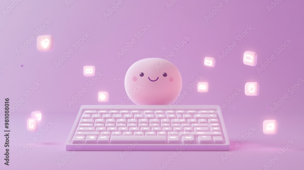 Wall mural A cute character sits behind a glowing keyboard with floating icons in a pastel setting.