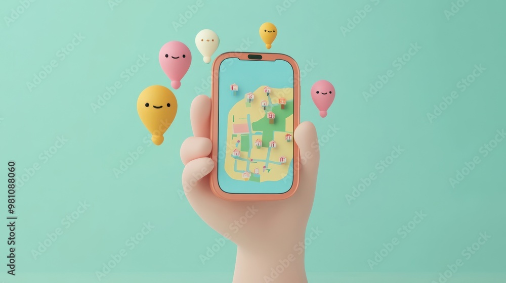 Poster a hand holds a smartphone displaying a colorful map with playful balloons.