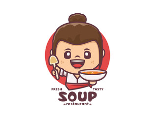 woman chef cartoon  mascot with soup. design template logo