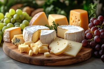 artful still life composition celebrating national cheese day featuring a variety of gourmet cheeses rustic wooden board grapes and warm ambient lighting with copy space