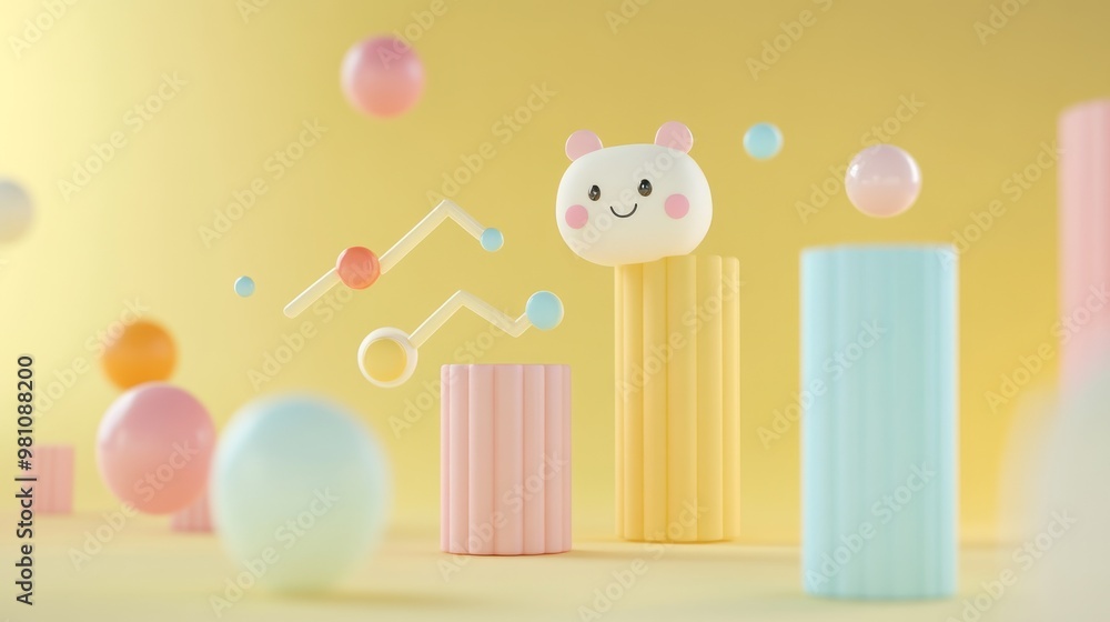 Poster a whimsical scene featuring playful shapes and a cheerful character in a colorful environment.