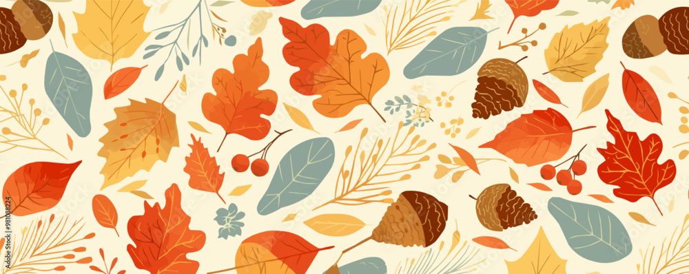 Poster a colorful autumn leaf pattern with a variety of leaves and acorns. the leaves are in different size