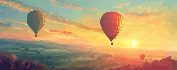 Obraz premium Hot air balloons floating over a serene countryside at sunrise, flat, vector illustration in watercolor style.