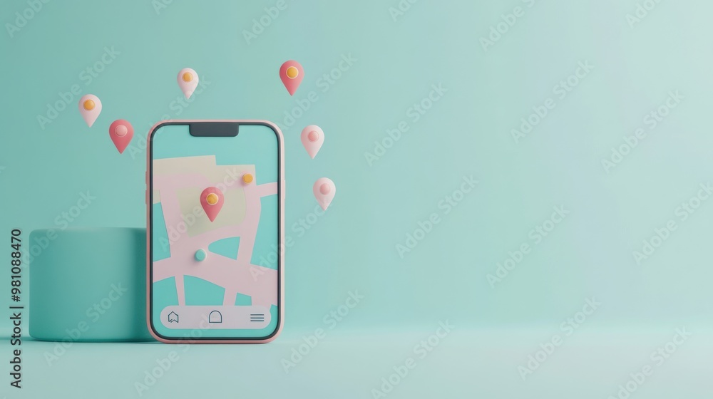 Poster a smartphone displaying a map with location pins against a pastel background.