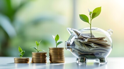 Conceptual image of a growing savings account, featuring visual elements like increasing coin stacks or charts. Represents the growth of savings over time, highlighting financial progress.