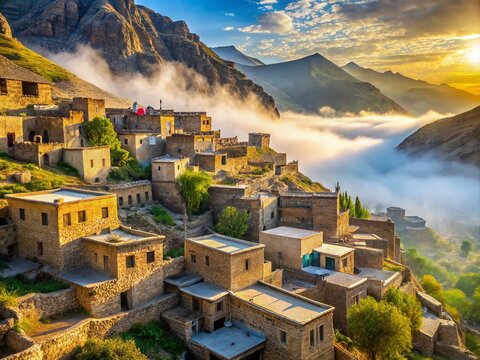 Vibrant morning sunlight illuminates misty hills and traditional stone houses in Amadiyah, a scenic Kurdish village