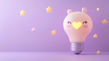 A cute light bulb character with a heart and stars against a pastel purple background.