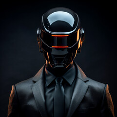 A futuristic figure wearing a glossy black helmet and sleek suit, blending sci-fi elements with modern fashion in a mysterious, high-tech setting