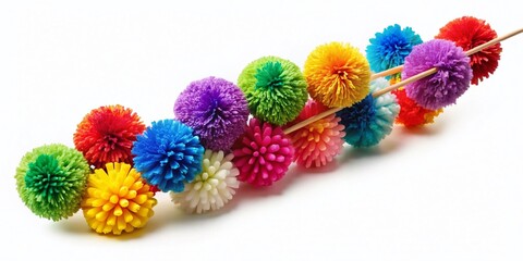 Vibrant multicolored pom-poms attached to a stick or wand, waving gently in the air, adding a playful and