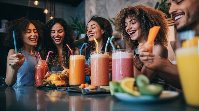 Friends Enjoying Colorful Smoothies and Juices Together - Powered by Adobe