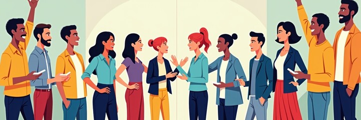 A diverse group of professionals actively engaging in discussion, showcasing teamwork and collaboration in a modern, vibrant business environment.