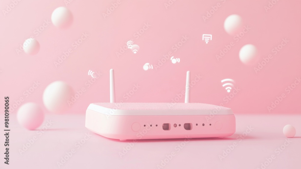 Poster a pink wireless router surrounded by floating spheres, symbolizing connectivity and technology.