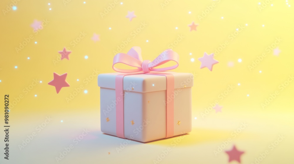 Wall mural A decorative gift box with a pink ribbon against a pastel background with stars.