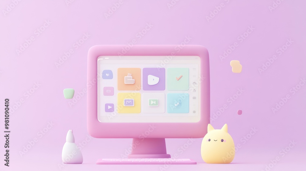 Poster a cute, pastel-themed computer setup with playful icons and characters.