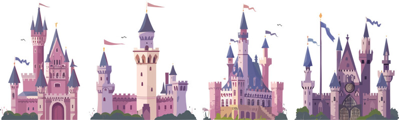 Fototapeta premium Fantasy medieval castle and kingdom icons, Vector flat minimalistic isolated illustration